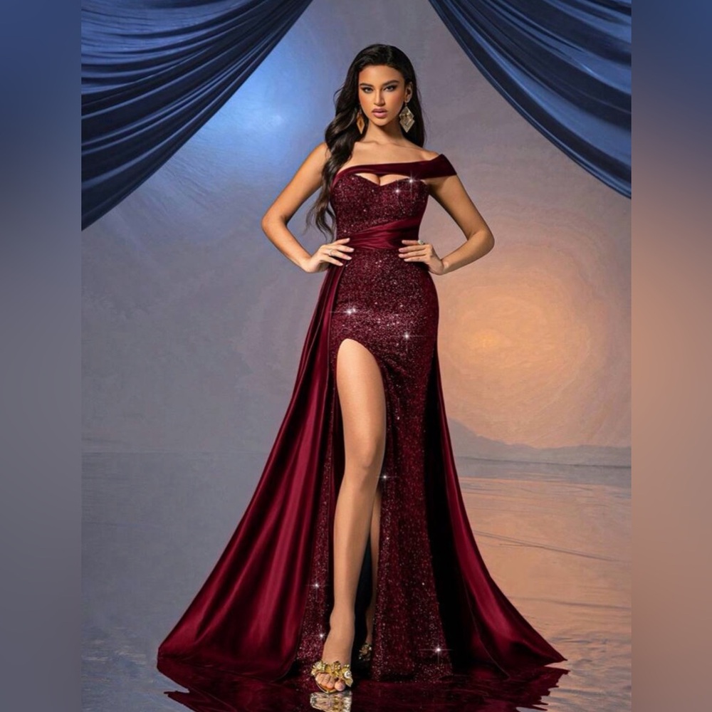 Womens Elegant Sequin Red Evening Gown